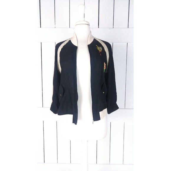 90s vintage black silk lace embroidered patch flight bomber jacket lightweight - Picture 2 of 5